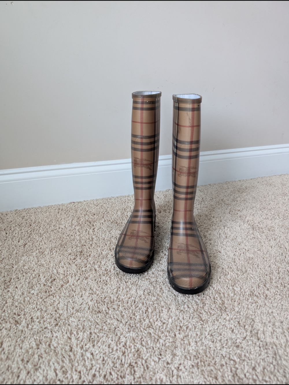 Burberry Beige Plaid Tall Rain Boots